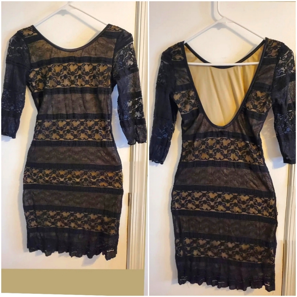 Windsor Black Beige lace mini dress, quarter sleeve, stylish evening wear